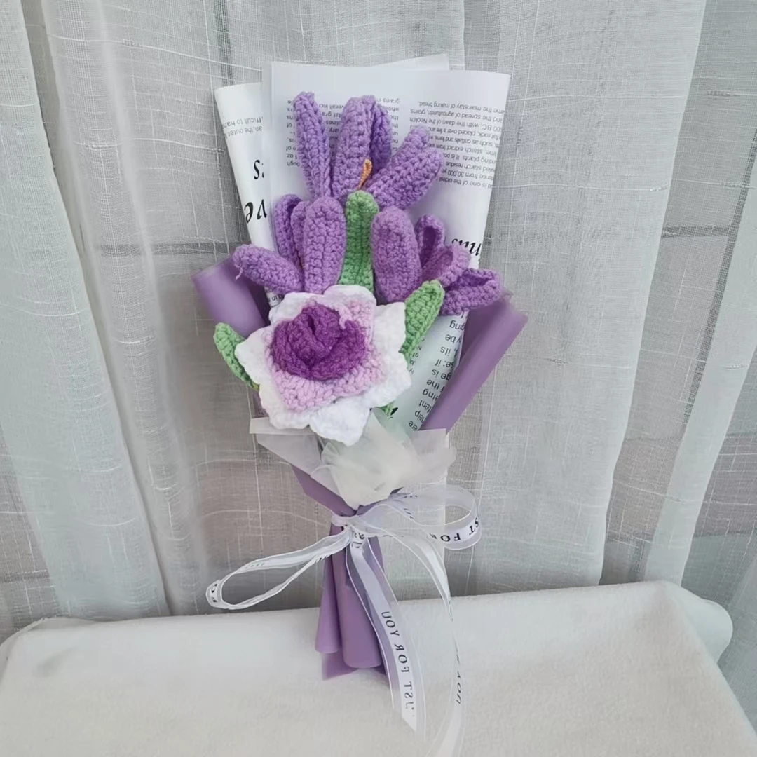 Bouquet de Roses et Tulipes Artificielles, Fausses Fleurs en Laine Faites à la Main, au Crochet, pour la Journée des Enseignants G