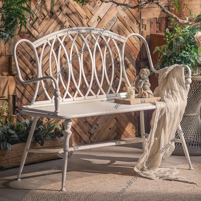 

French wrought iron back bench retro garden style outdoor courtyard chair cafe white armrest fashion