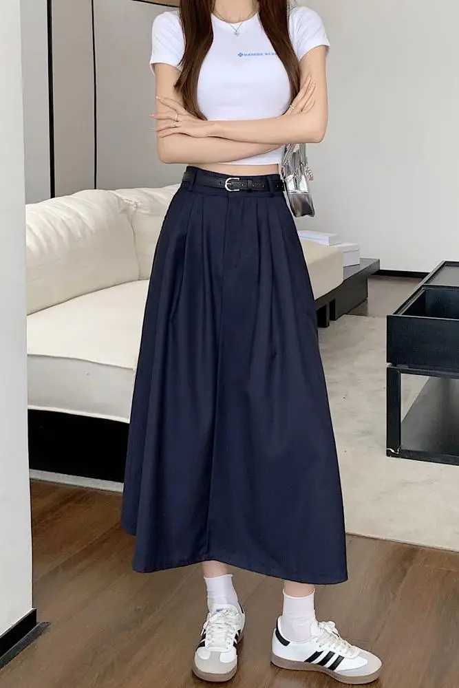 2025 New Women Spring Summer Long Skirt Semi-elastic Waist A-shaped Skirt with Belt Casual Streetwear