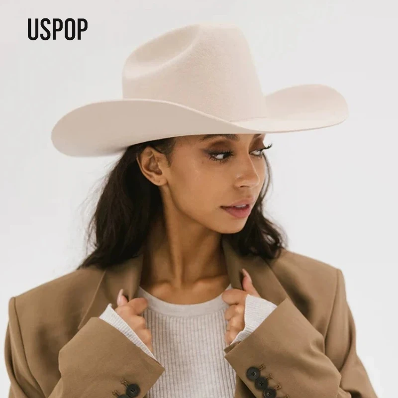 USPOP 100% Wool Cowboy Hat Unisex Wide Brim Felt Hat Solid Color Classic Fedora Style Multiple Sizes S–XL Autumn Winter