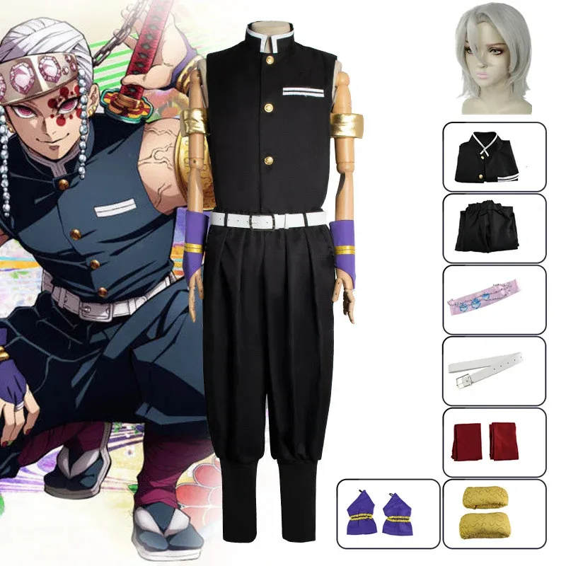 جديد ❤ 2025 أنيمي شيطان القتلة Uzui Tengen تأثيري حلي Kimetsu No Yaiba شعر مستعار موحدة البدلة ملابس للحفلات الهالوين ☆ ☆ ☆