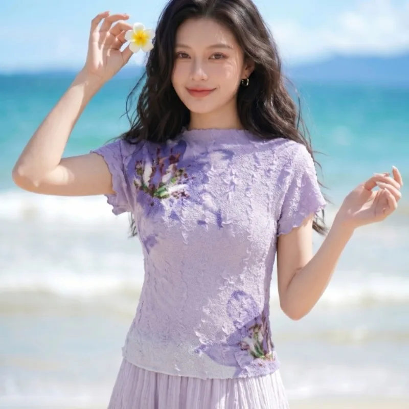 

Miyake Pleated Print T-Shirt 2026 Summer New Fashion Simple Casual Vacation Style Short Sleeve Lightweight Stretch Women's Top