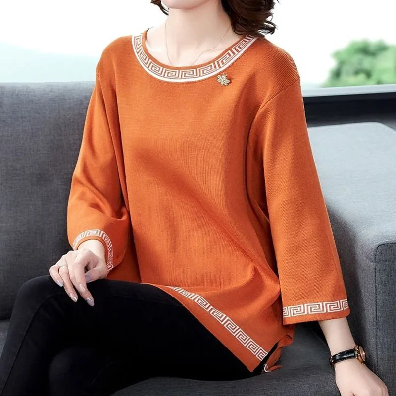 Korean Fashion Women Clothing 3/4 Sleeve T-shirt Elegant Vintage Spring Summer Big Size Loose Pullover Oversized Casual Midi Top