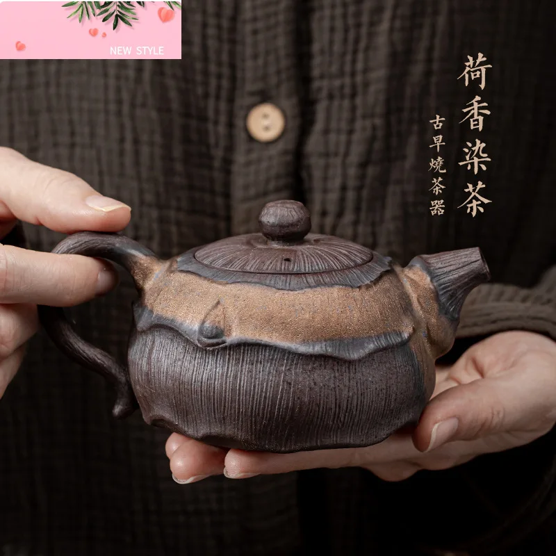 

Винтажный чайник с лотосом, грубая керамика ручной работы, чайная посуда, керамический винтажный кунг-фу, чайная инфузия, посуда для приготовления чая, инструмент, чайник, горшок