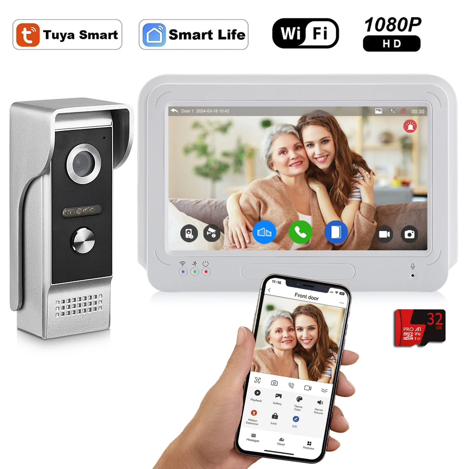 7 inch WiFi Video Intercom System, 1080P Metal Video Doorbell Camera with Touch Monitor 32G SD Card, Tuya APP Intercom for home