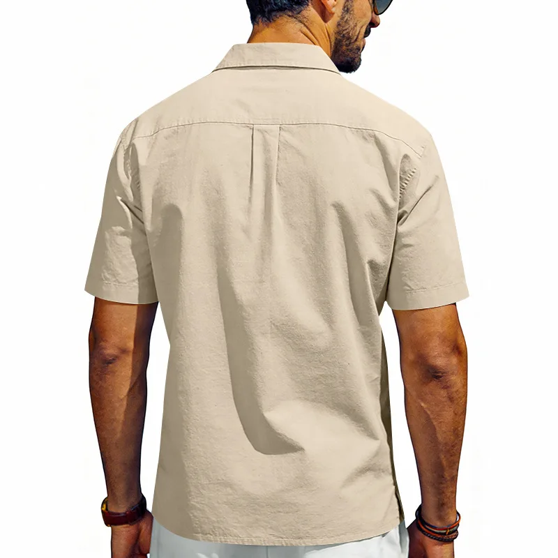 Summer Men's Safari Style Casual Shirts Solid Short Sleeve Double Pocket Fashion Shirt Male Turn Down Collar Beach Blouse Tops