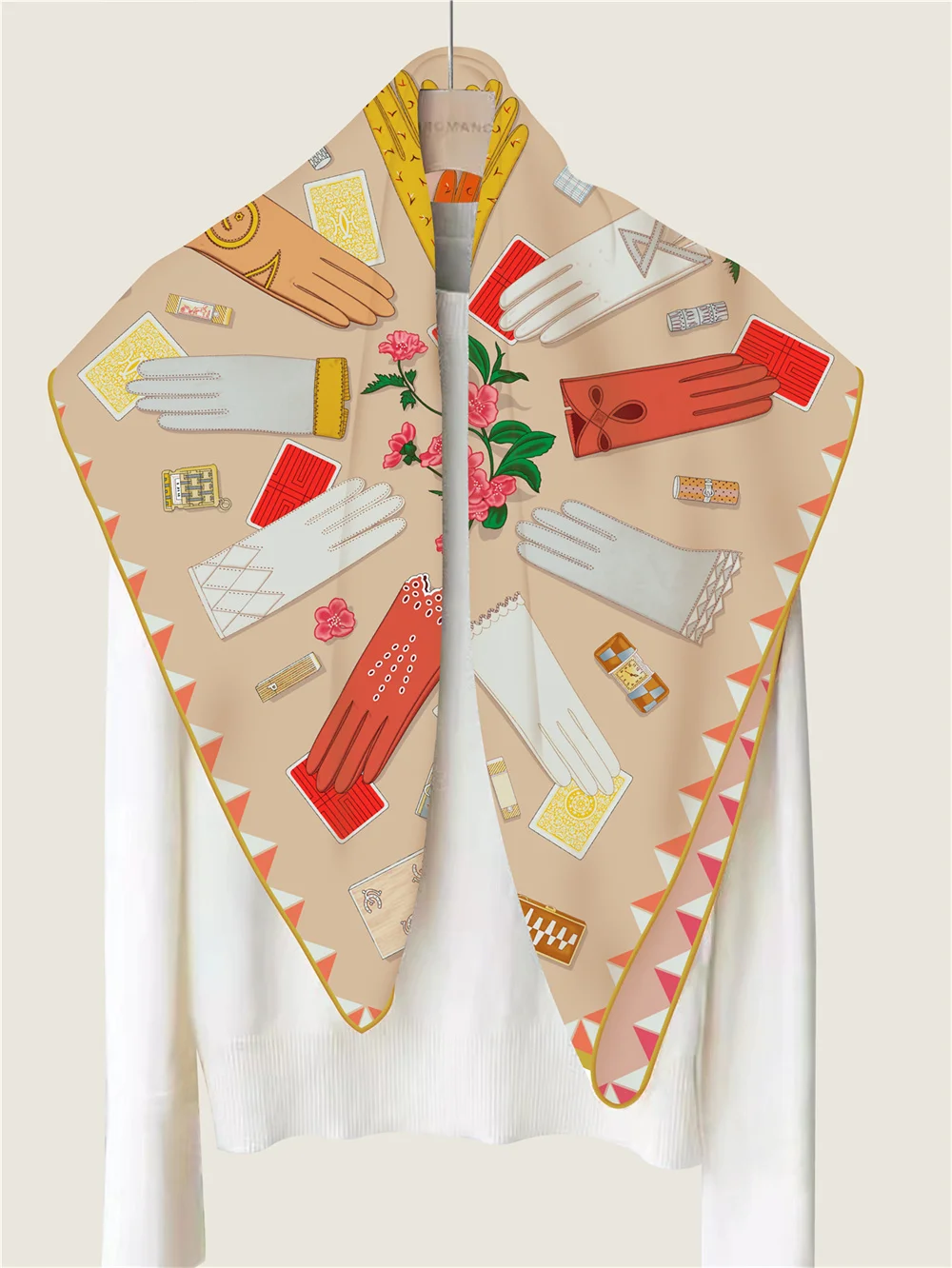 POBING Handgerollter Twill-Seidenschal für Damen, magische Handschuhe, doppelt bedruckte quadratische Schals, Wraps, Echarpes, Foulards, Femme, Hijab, 90 cm – Detail 9