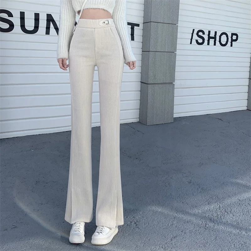 

Slim-fit Mini Flare PantsWomen's Spring Autumn Drop Thread Knit Trousers Lean High-waisted Mop Pants