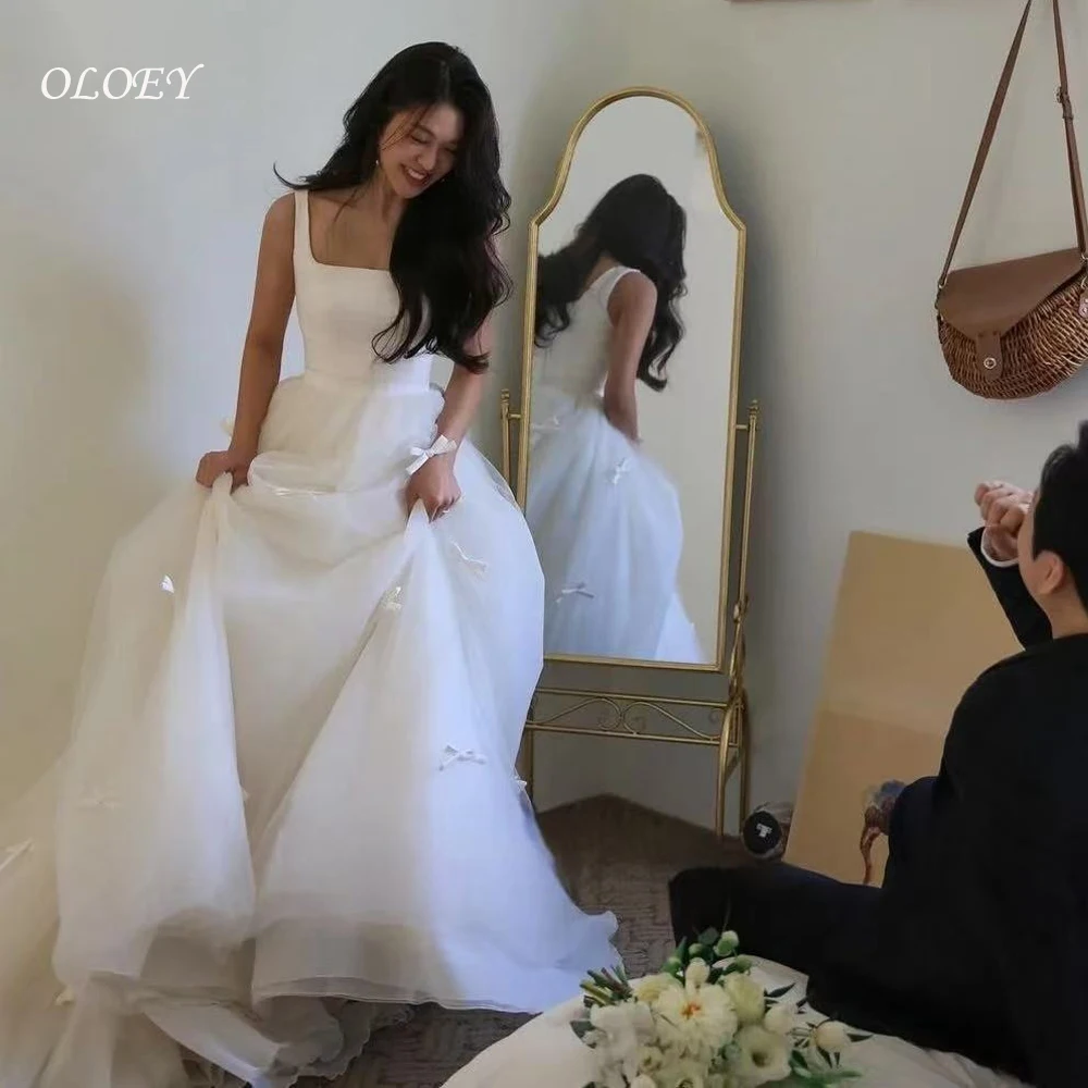 OLOEY เรียบง่ายคอสี่เหลี่ยมเกาหลีคลาสสิกชุดแต่งงานแขนกุดเจ้าหญิง 프롬드레ส ชุดแต่งงานที่กำหนดเองถ่ายภาพ