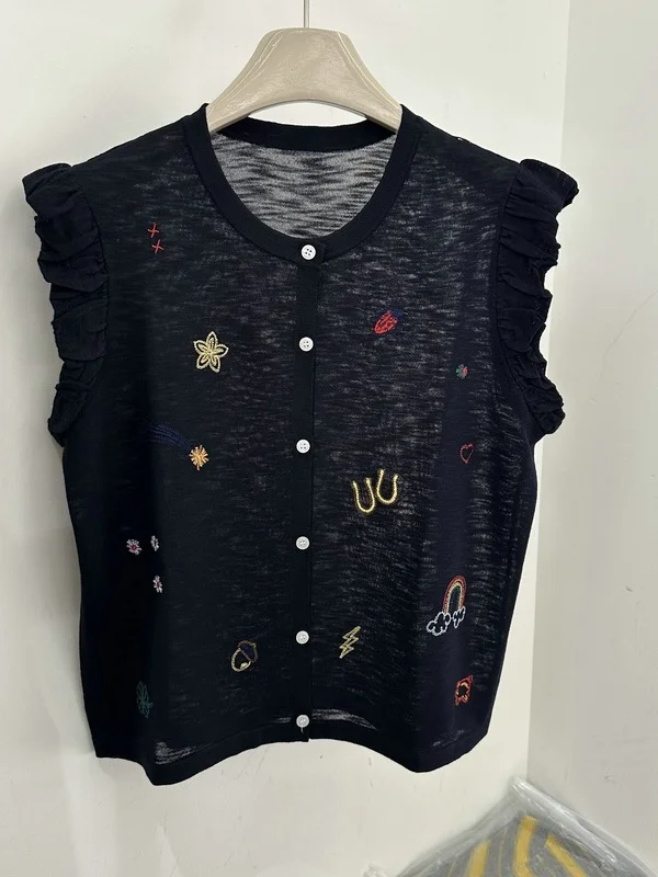 

Ice Silk Button-Up Shirt Summer New Style Flying Sleeve Ear Mushroom Cartoon Embroidery Single Button Women's Loose Fit Shirt