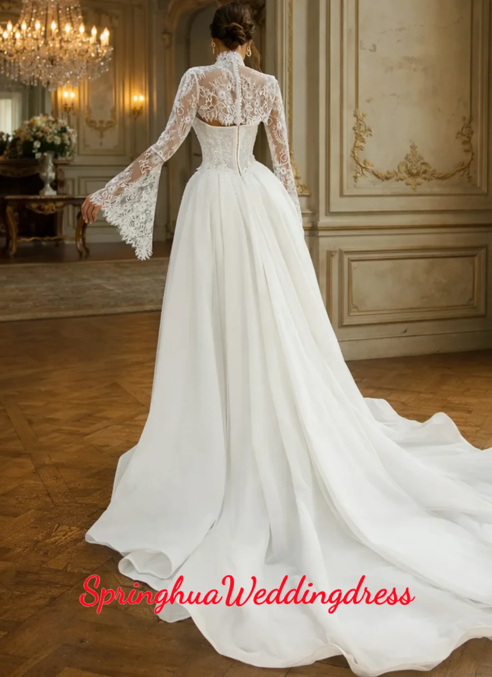 Highend Customized Strapless Lace Wedding Dresses A Line Long Sleeves Bridal Gowns with Removable Lace Jacket Vestidos De Novia