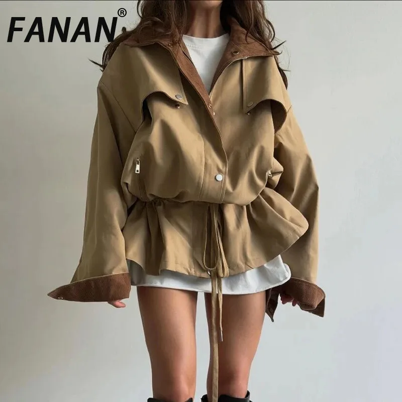 FANAN Khaki Women Color‑Block Short Trench Coat Oversized Loose Drawstring Waist-cinching Hem Snap Button Windbreaker Autumn New