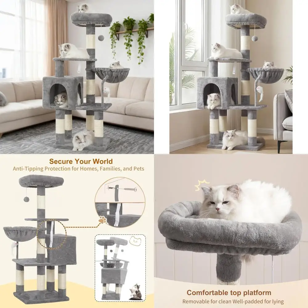

Gray Indoor Cat Tree with Plush Perch, Hammock, and Sisal Scratching Posts - HCT004SW