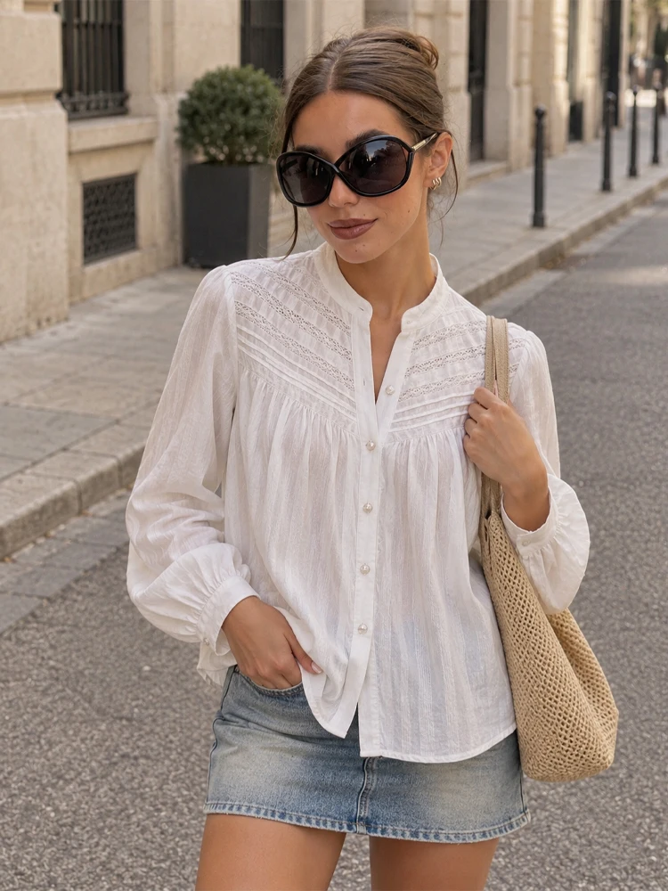 HH Women French Stand Collar Lace Spliced White Blouse Loose Gathered Puff Long Sleeve Shirt Spring Autumn Casual Elegant Top
