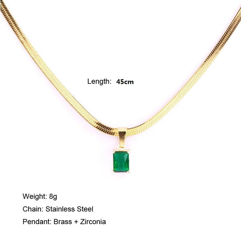 Vintage Rust Steel Zircon Necklace Flat Snake Bone Chain Blade Chain Square Emerald Pendant Necklace Women Dropshipping