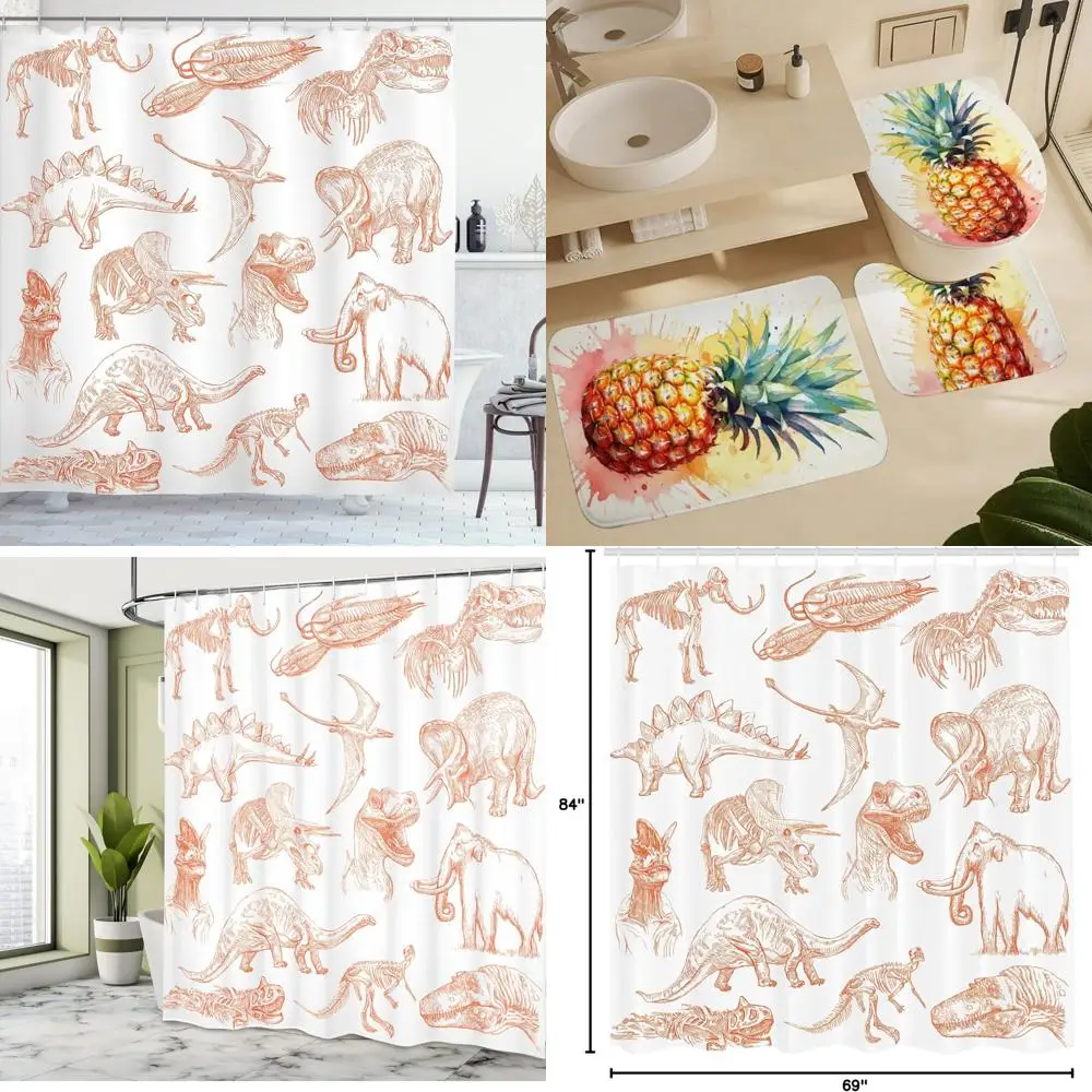 

Занавеска для душа на тему динозавра: ассортимент доисторических существ, скелетов и биологического искусства на ткани.