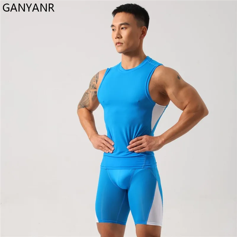 GANYANR-Conjunto de treino para homens, roupas esportivas, shorts de ioga, leggings, moletom, terno de ginástica, futebol, basquete, futebol, calças justas