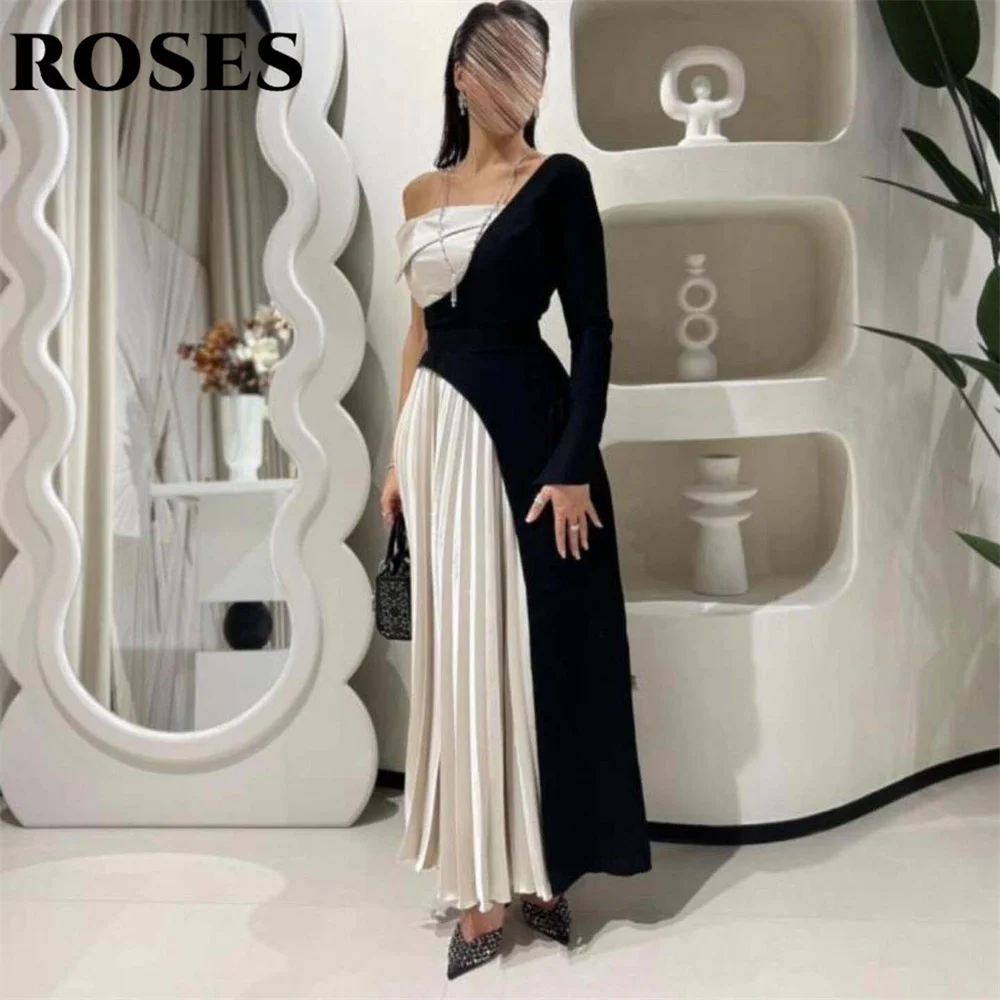 

ROSES Black and White Formal Dresses Gown Stain Beach Party Dress for Wedding Full Sleeve One Shoulder Occasion Dress Customized