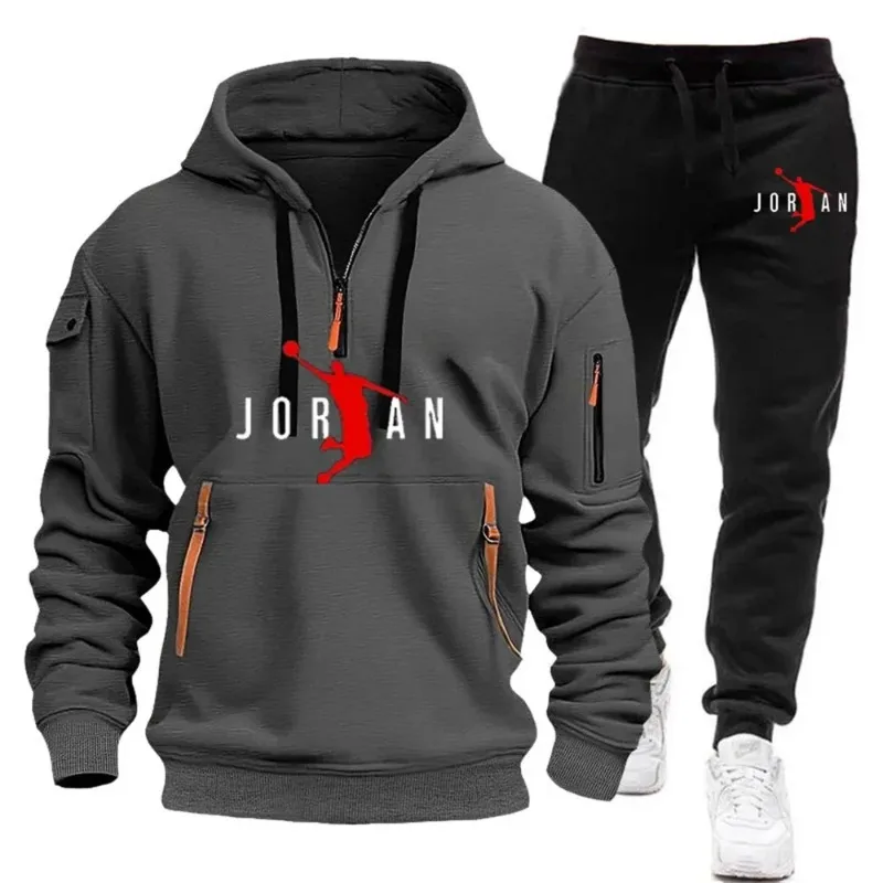 2026 Autumn Winter Men Multi Pocket Half Zip Hoodie 2PCS Tracksuit, Loose Jogger Pants Outdoor Fitness Casual Sport Outfit