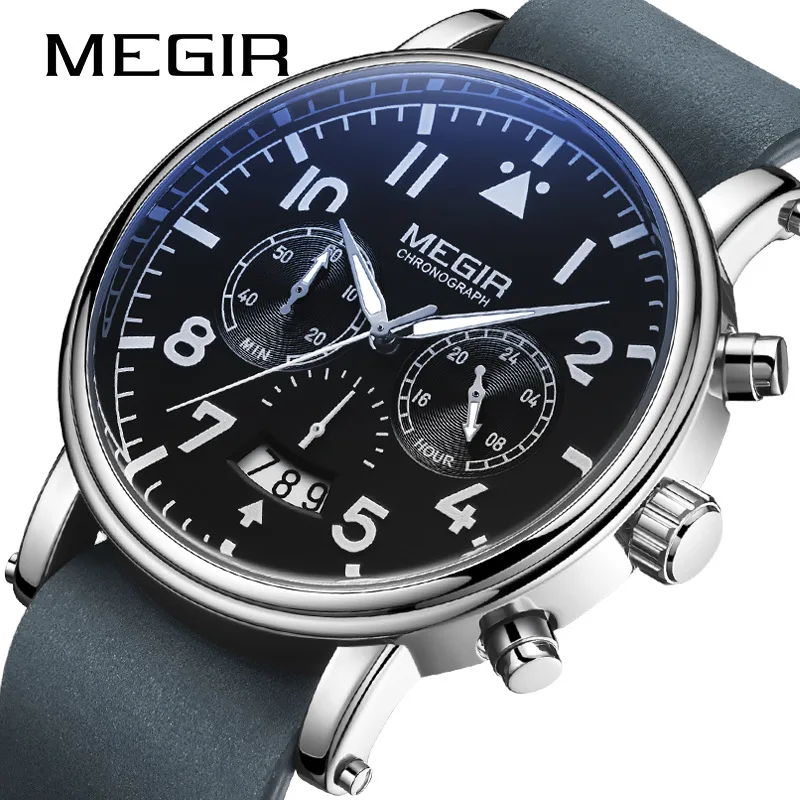 

MEGIR 2149 Men's Casual Leather Waterproof Quartz Watches Chronograph Luminous Business Watch for Male Wristwatch reloj hombre