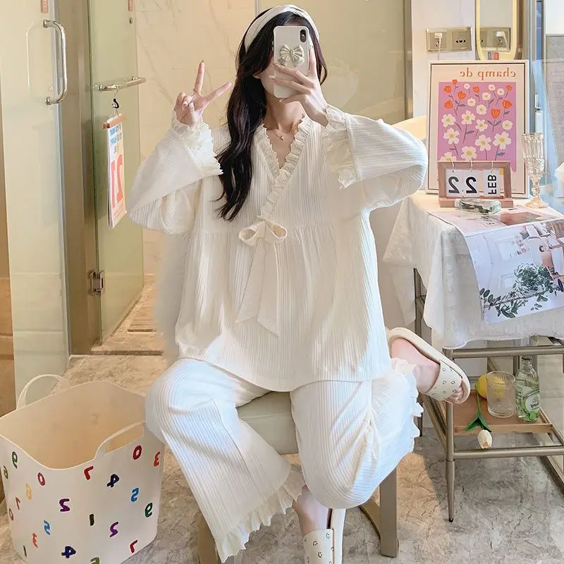 Sleepwear Women Lace Big Size Pajamas Sets Kawaii Clothes Long Sleeve Pajamas Spring Autumn Loungewear Set Korean Loose Pullover