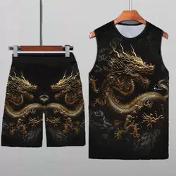 Chinese 3D Dragon Tank Top Men Casual Running Gym Sleeveless T Shirt Sport Running Top Streetwear Black Sleepwear