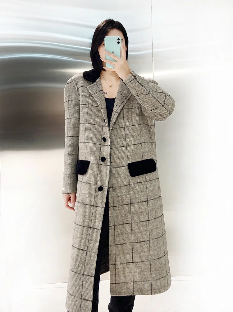 

Promotion 2023 Autumn Women Single Button Plaid Loose Style Woolen Coat Turn Down Collar Warm Winter Clothes Long Coats Tops