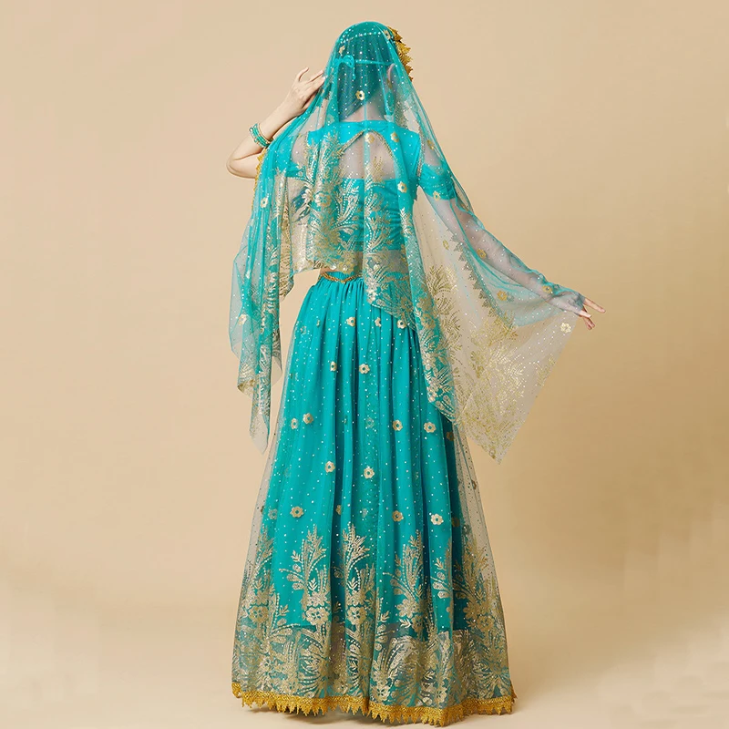 Costume de Princesse Indienne pour Femme, Robe de brevdu Ventre, Manches Courtes, Haut Transporté + Jupe Longue, pour Spectacle d'Halloween