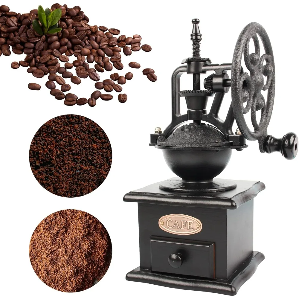 

Vintage Style Wooden Coffee Hand Grinder Classic French Press Coffee Grinder Drum Style Antique Style with Cast Iron Hand Crank