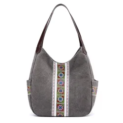 Women's Bag Canvas Bag Handheld Shoulder Bag Printed Fashionable And Simple Ethnic Style Multi-layer Casual Shopping Bag