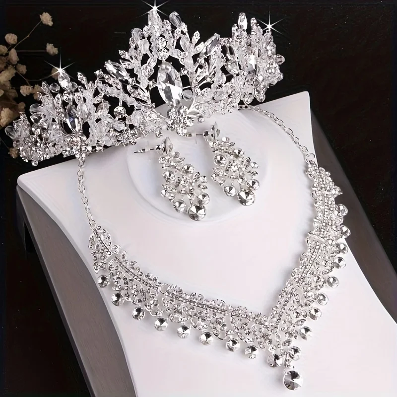 3Pcs Crystal Crown Necklace Earring Set Rhinestone Bridal Jewelry Set Women Bridal Wedding Hair Accessories Jewelry Crown Tiara
