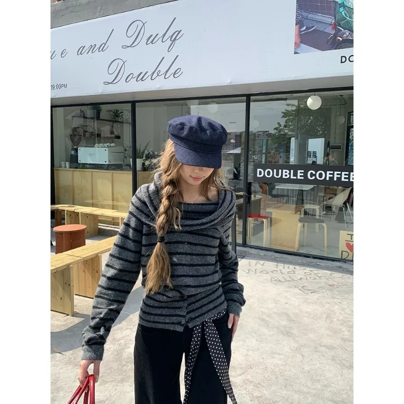 

New Autumn Winter Comfortable Striped Sweater Pullover Off Shoulder Tops Slim Button Sudaderas Warm Women's Sweaters Y2k Clothes