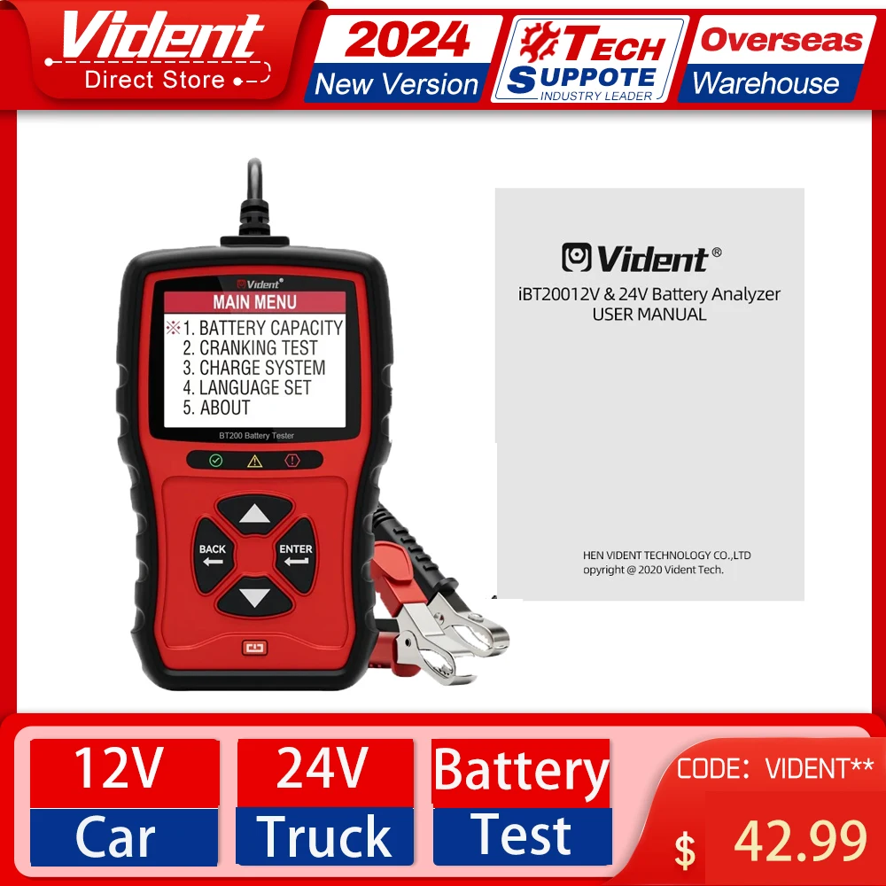 VIDENT iBT200 Car Battery Tester 12V 24V Vhicles Digital Automotive Diagnostic Cranking Charging Battery Tester Analyzer