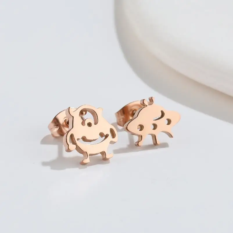 Shuangshuo Unique Fashion Alien Asymmetric Stainless Steel Earrings Stud Cute UFO Spaceship Earrings for Women Best Gift