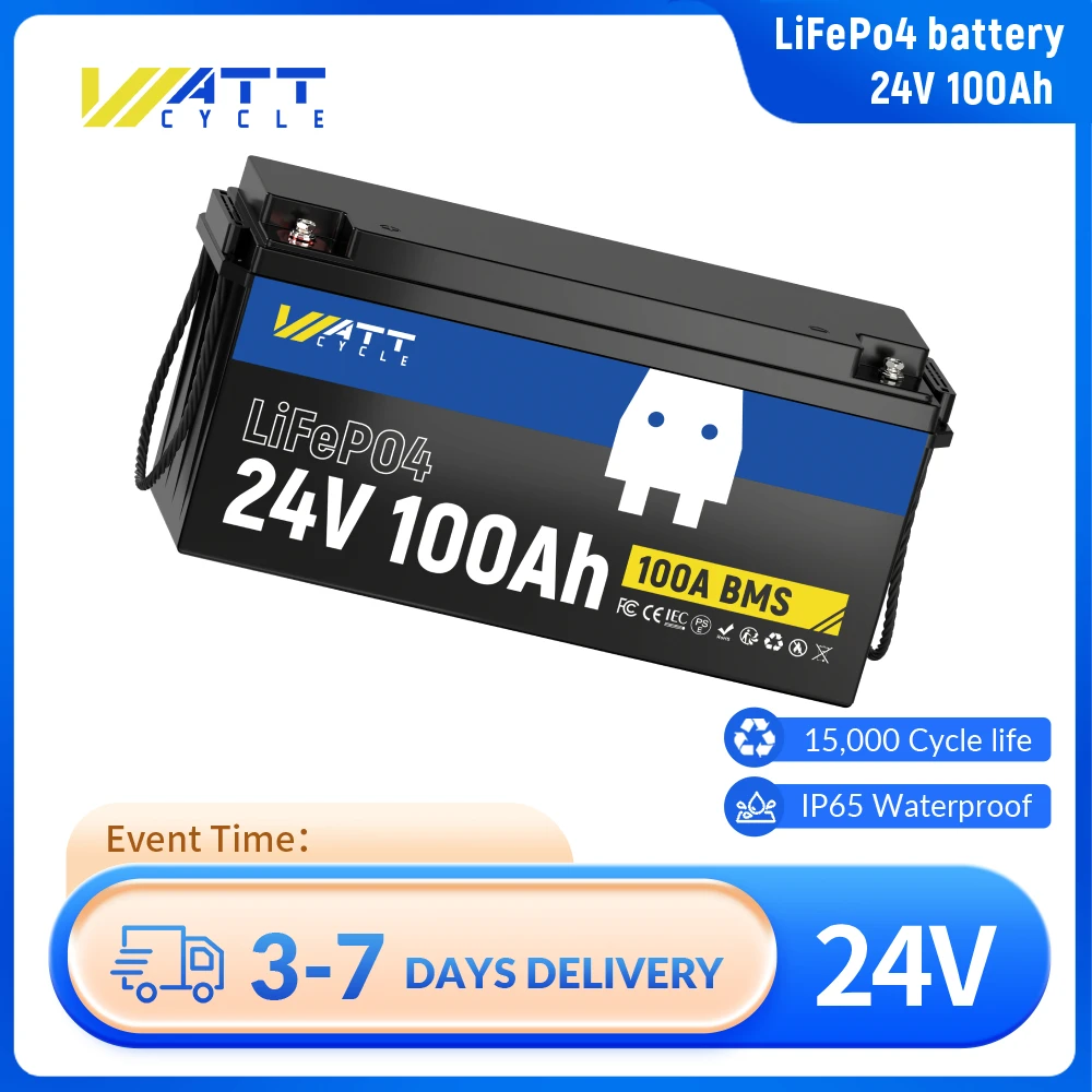 

Wattcycle LiFePO4 Lithium Battery 24V 100Ah Built-in 100A BMS 2560Wh Car Battery IP65 For RV, Marine Applications, Off-grid Use