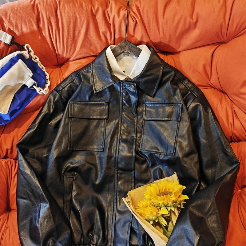 

Breathable PU Leather Jacket for Men Autumn Winter Streetwear Short Hooded Coat Functional Tactical with Earth Tone Pockets