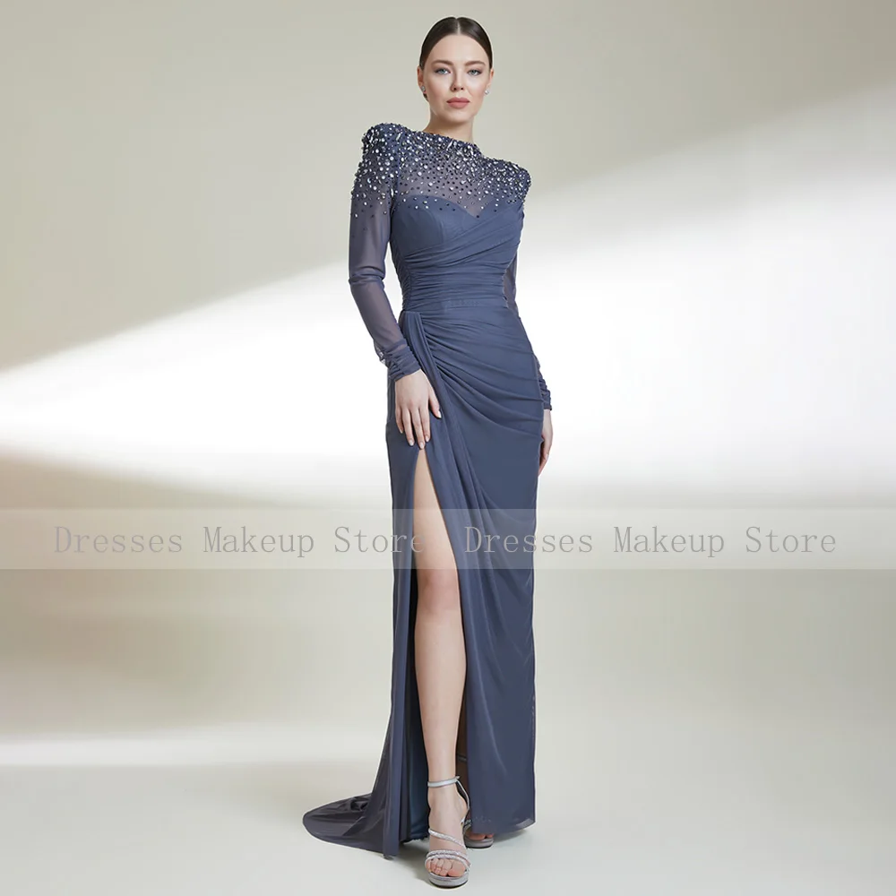 Black Evening Dress Long Sleeves Mermaid/Trumpet Luxury Gowns Crystal O Neck Side Slit Elegant Wedding Guest 2023