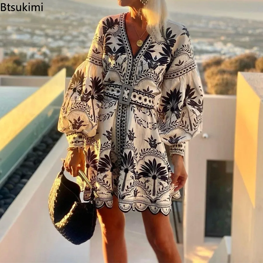 

2025 New Autumn Pattern Printed Lantern Sleeve Dress Ladies Sexy V Neck Dresses Summer Elegant Loose Beach Holiday Party Dress