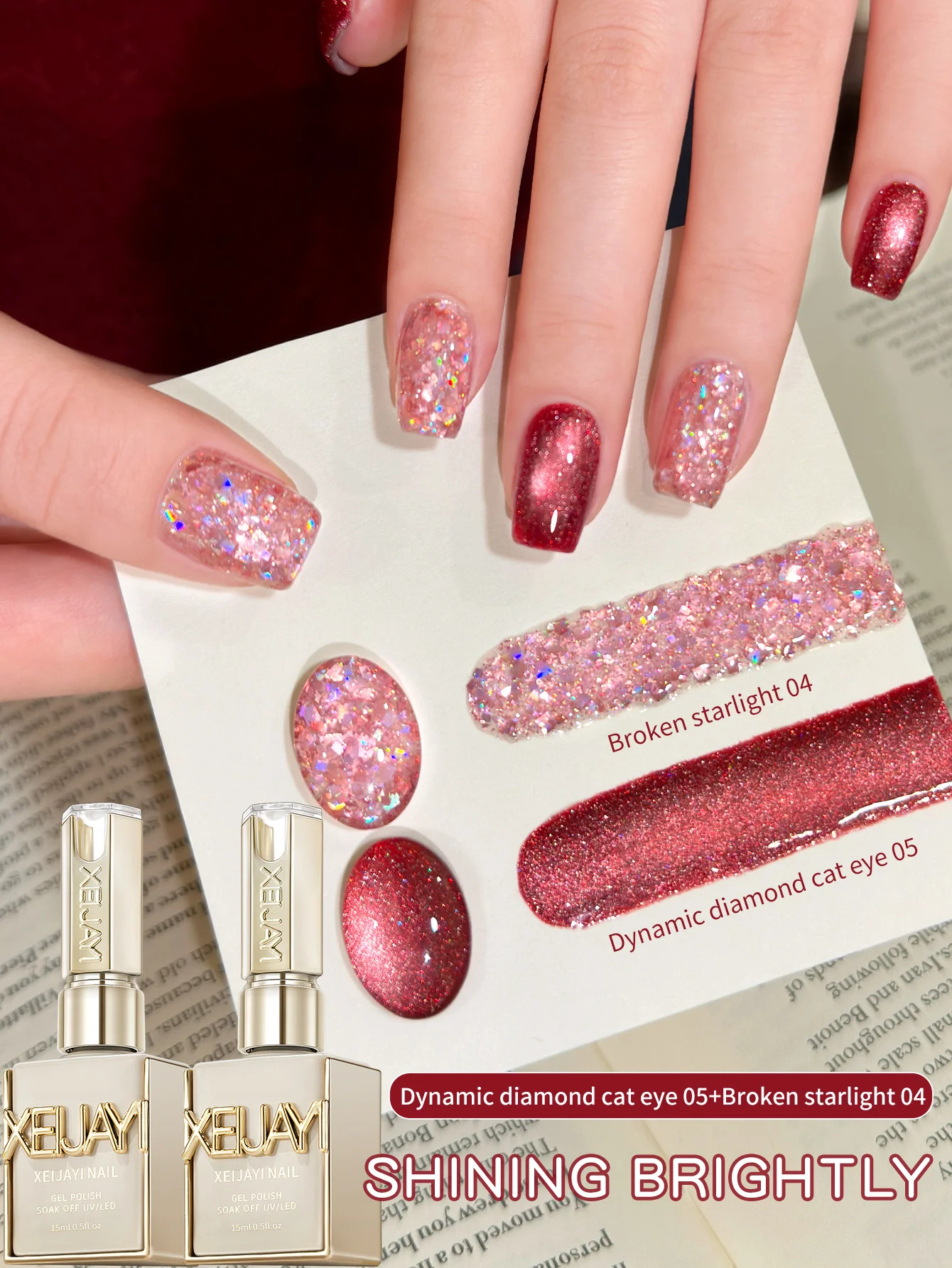 

XEIJAYI Набор из 2 гель-лаков для ногтей с эффектом кошачьего глаза, 15 мл, розово-красный, с блестками, УФ/LED, полуперманентный, для домашнего использования, салонного качества