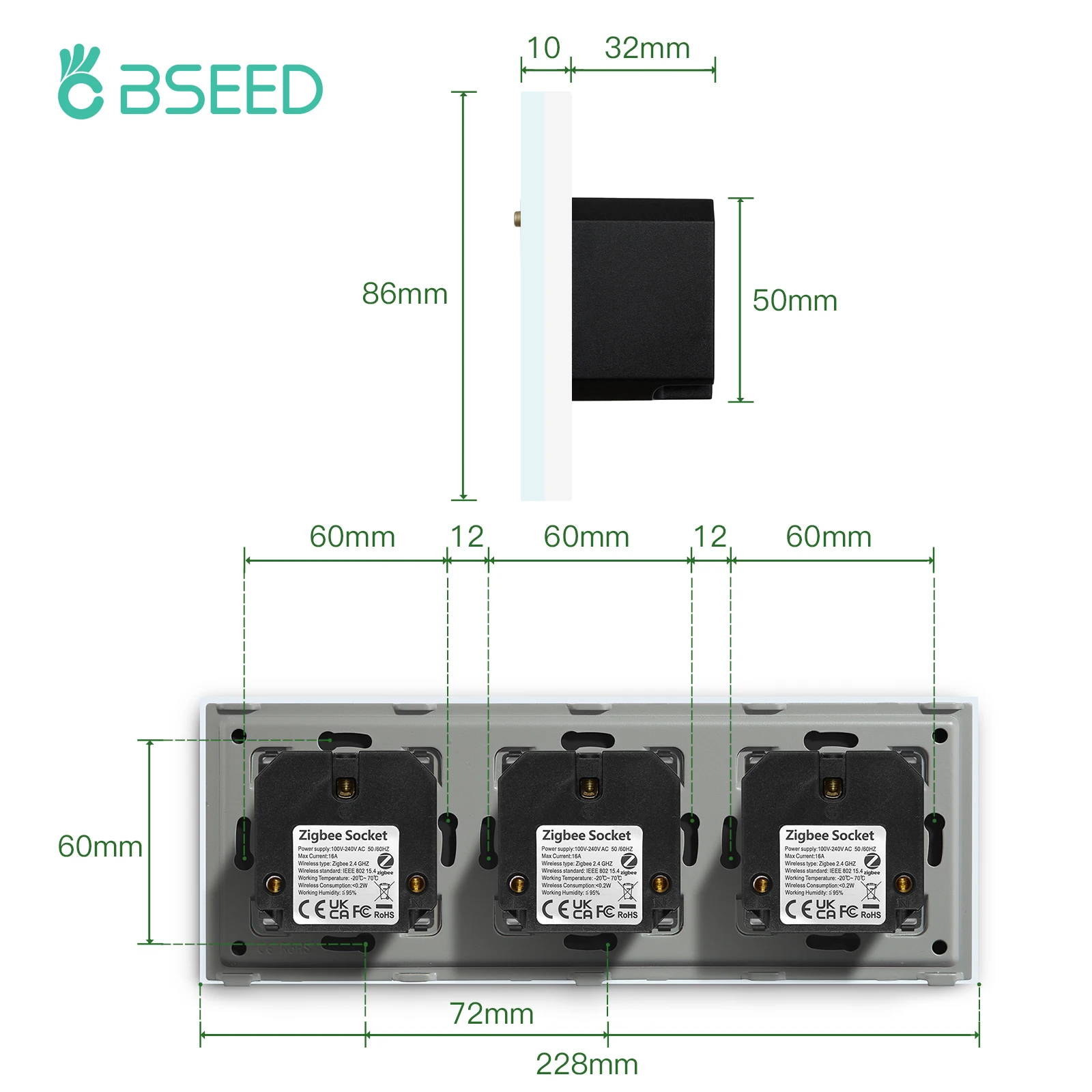 Bseed Triple Zigbee Wifi Socket Eu 16A Stopcontacten Glas Panel Tuya Smart Leven App Controle Blauwe Achtergrondverlichting Met Timing functie