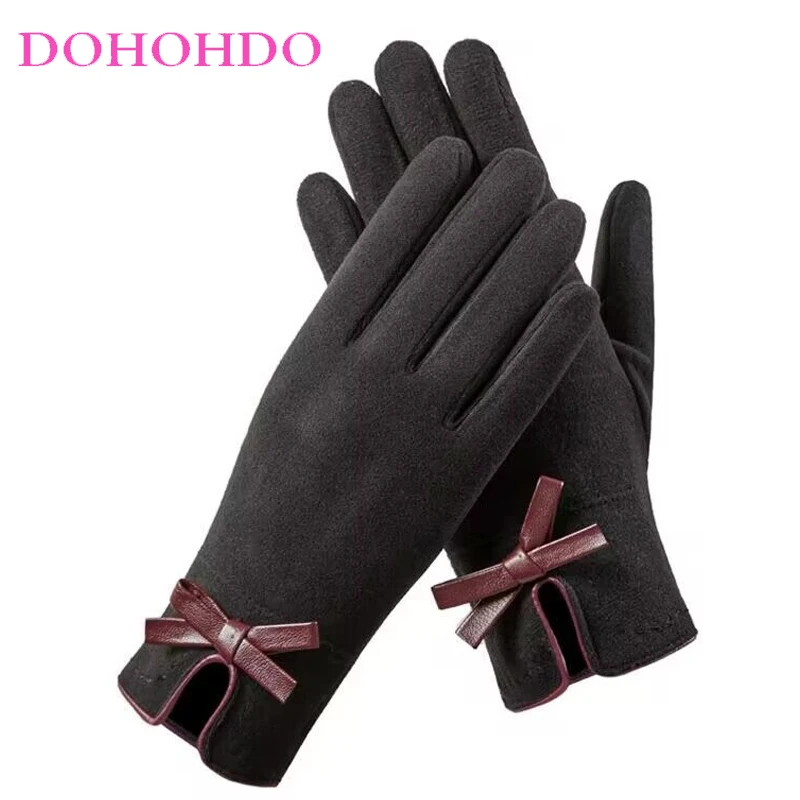 Velvet Bow Black Heating Touch-screen Gloves Women Warm Autumn Winter Velvet Fashion Riding Windproof Driving Motorcycle Gloves