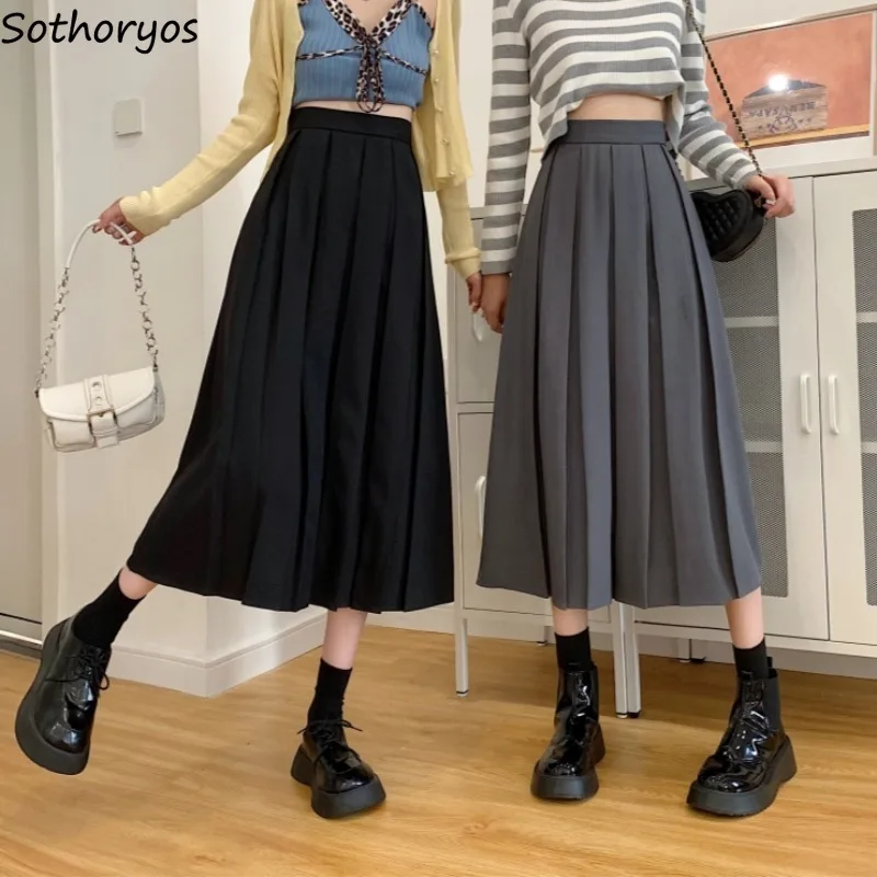 

Midi Pleated Skirts Women Preppy Style Elegant Tender Fashion High Waist Harajuku Simple Girls All-match Faldas Daily Classic