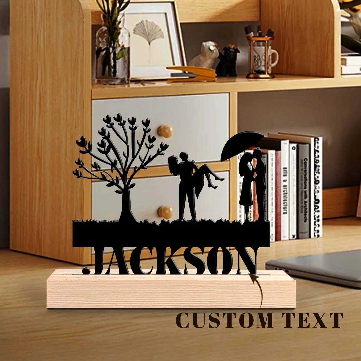1pc Desktop Metal Ornaments Customizable Name Equipped with Wooden Base Room Decorations, Bar Counter Decorations