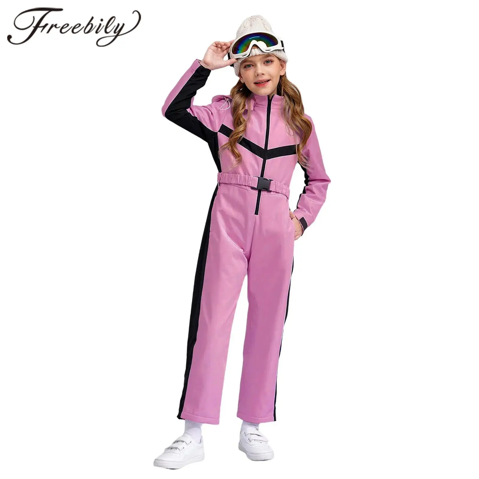 Kids Girls Ski Pants Jumpsuit Hooded Bodysuit Water Resistant Snowsuit with Belt for Outdoor Snow Sports Skiing Snowboarding