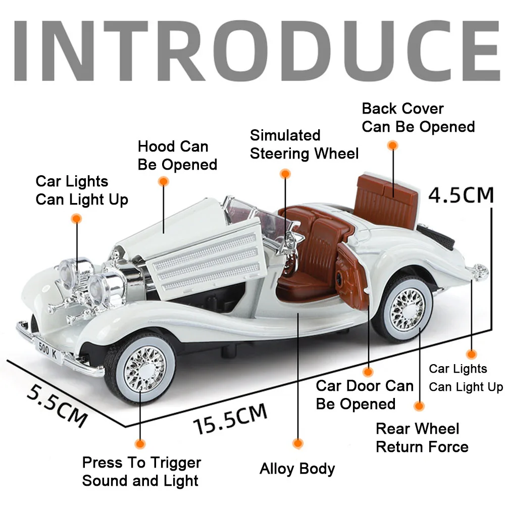 1:32 300SL 500K Legierungsmodell Spielzeug Diecast-Autotüren geöffnet mit Tonlicht Zurückziehen Miniatur-Vintage-Autos Geburtstagsgeschenke für Jungen