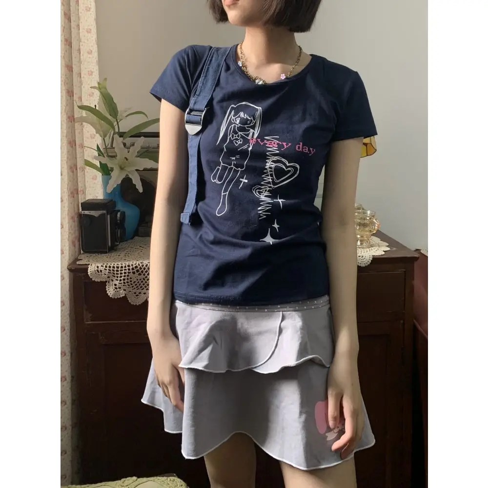 Y2k Aesthetics T-shirt Women Grunge Letter Print Harajuku Graphic Tshirt Vintage Fashion Casual Loose Y2k Tops Short Sleeve Tees