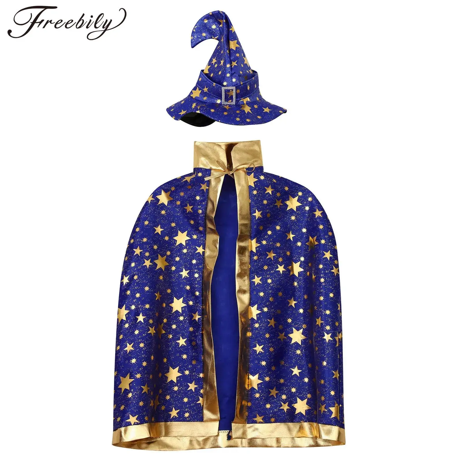 

Children Halloween Witch Cosplay Costume Theme Party Carnival Wizard Role Play Prop Shiny Star Print Lace-Up Cape Cloak with Hat