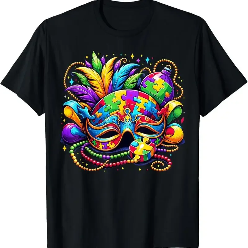 Mardi Gras Autism Awareness Mask Feathers Puzzle T Shirt