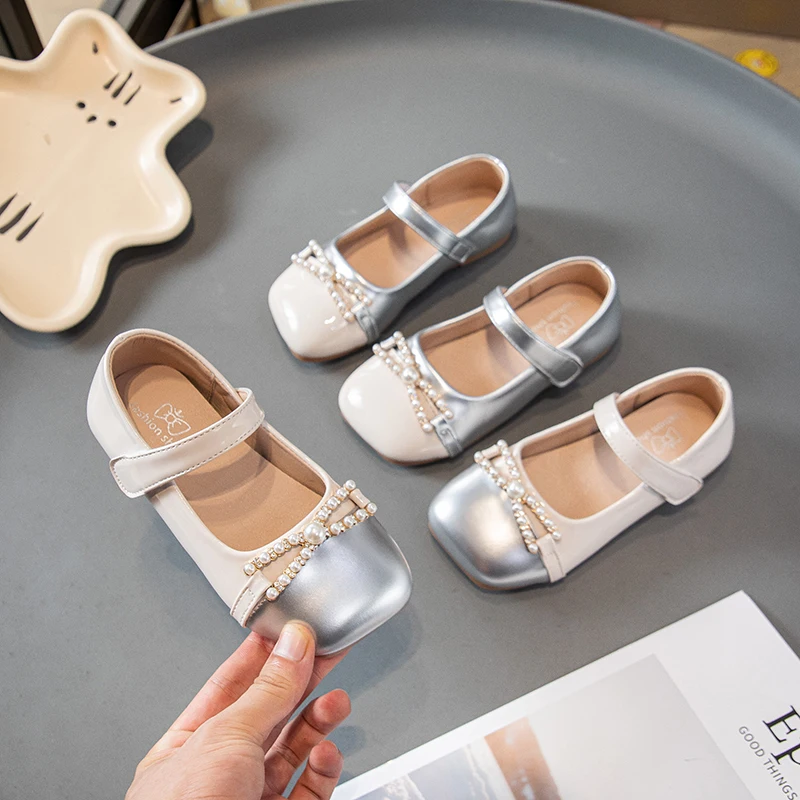 女の子用プリンセススタイルレザーシューズ-2025年春秋新作-幼児用バレエシューズ-ビーズ付きリボン-ソフトソール-エレガントなパーティーシューズ