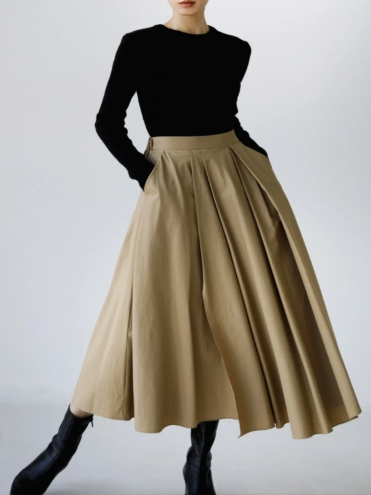 

Pure Cotton Casual Mid-Length A-Line Skirt Women's Faion Slimming Versatile Spring Autumn New Sle Commute Mid-Waist Skirt